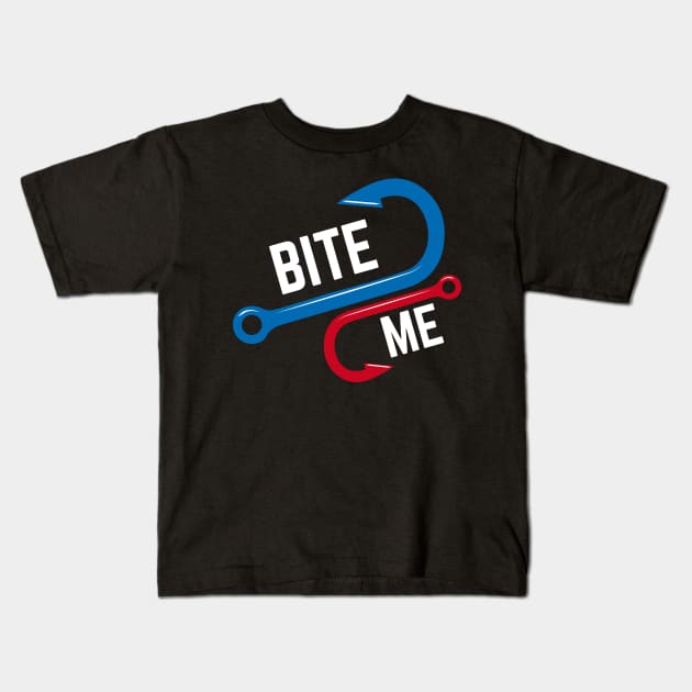 Bite Me Funny Fishing Hook Humor Retro Style Kids T-Shirt by YourGoods